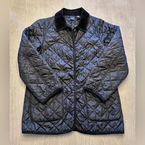 Vintage 90s GAP Black Quilted Barn Jacket Corduroy Collar Coat Womens M
